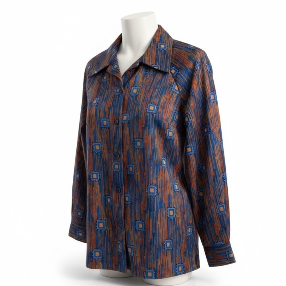 Vintage 70s Shaker Sport Long Sleeve Geometric Print‎ Button Down Shirt - Picture 2 of 8